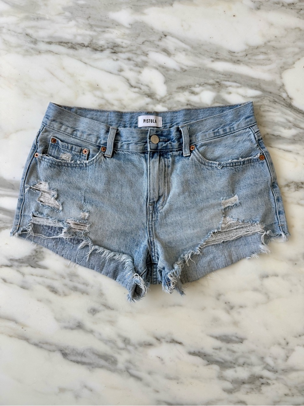 Pistola Light Blue Distressed Denim Shorts • Sz 28